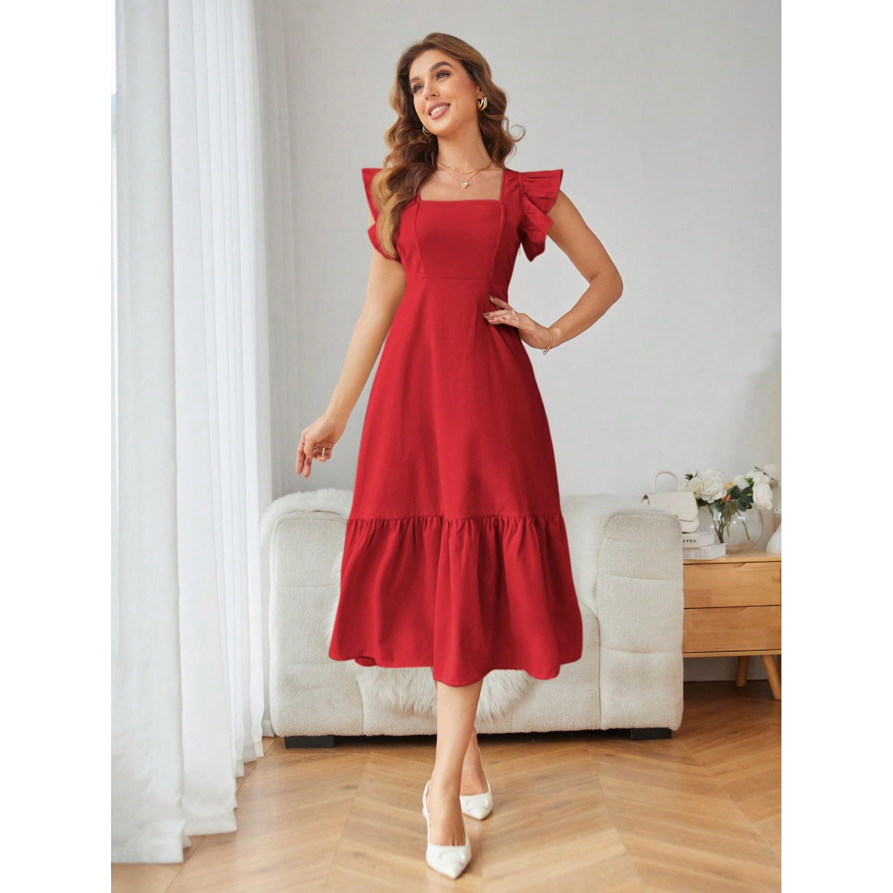 Shasmi Girl's & Women's Solid Red Color Square Neck, Ruffle-Trimmed Hem Sleeveless, Ruffle Armhole And Casual Dress With Cinched Waist Vacation Outfits Woman (Dress 162 Red-S)