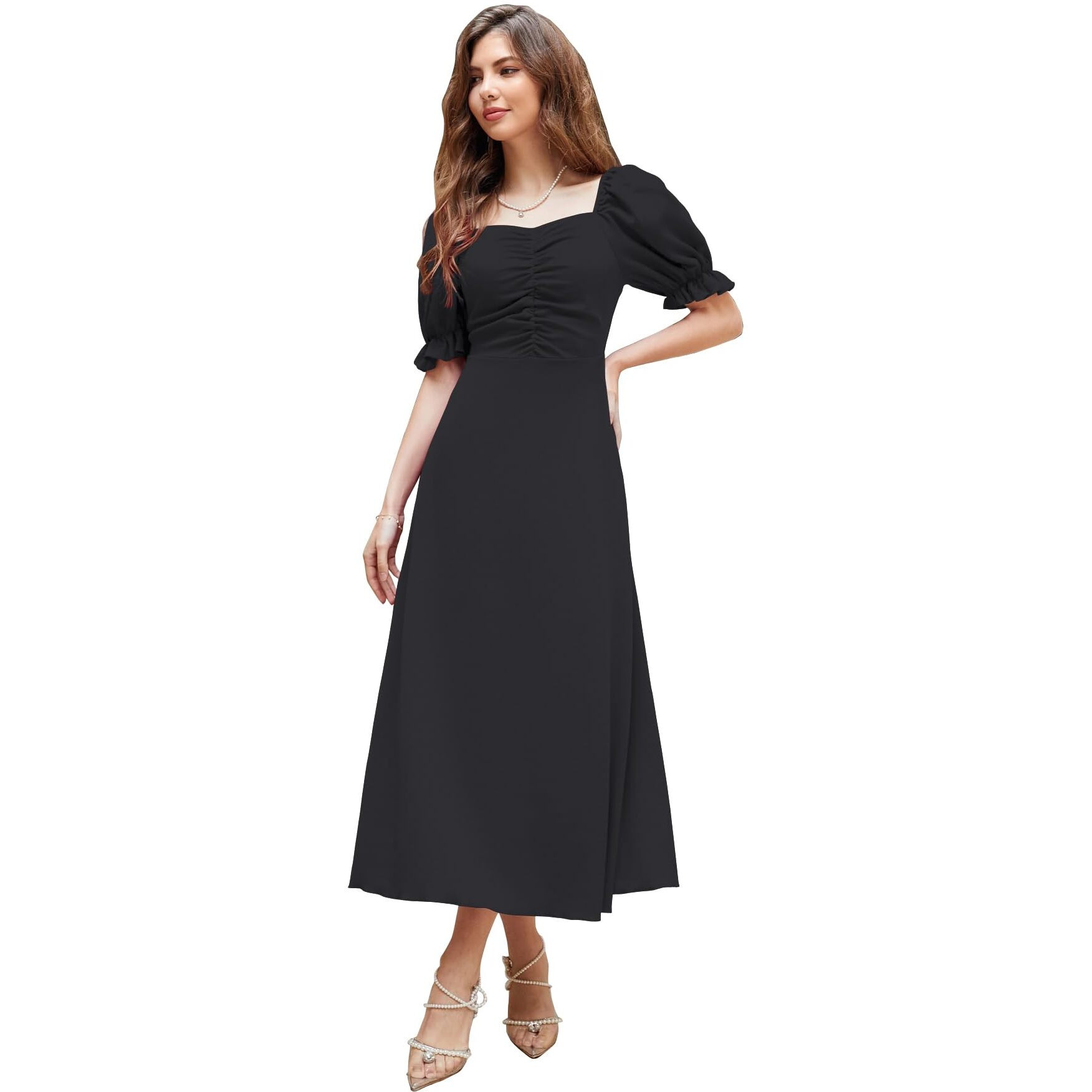 Shasmi Girl's & Women's Solid Black A-Line Ruched Puff Sleeve Maxi Long Evening One Piece Long Dress For Women Stylish (Dress 131 Black-M)