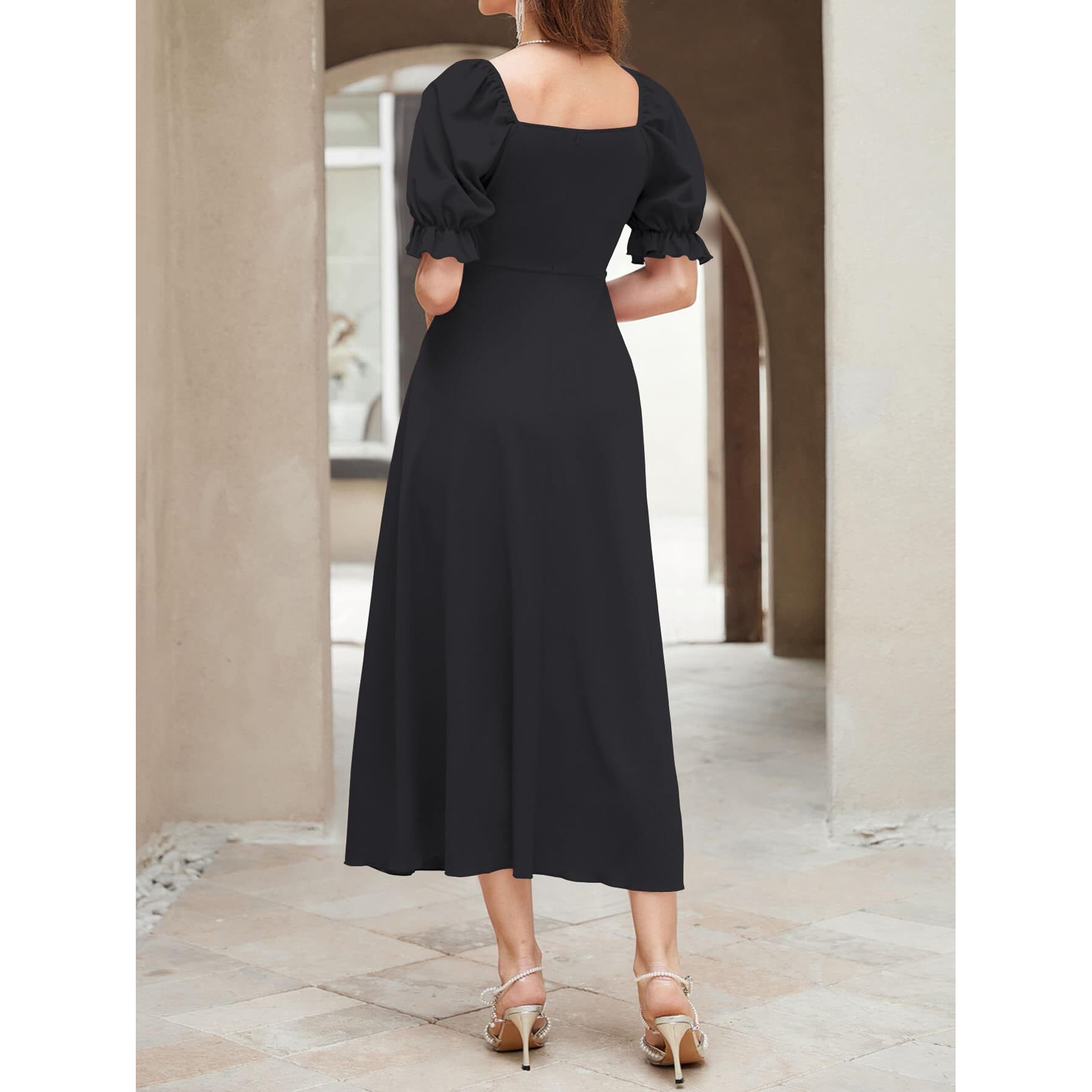 Shasmi Girl's & Women's Solid Black A-Line Ruched Puff Sleeve Maxi Long Evening One Piece Long Dress For Women Stylish (Dress 131 Black-M)