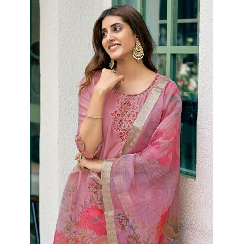 Sanisa Women's Silk Blend Sequence Embroidery Work Straight Kurta With Pant And Dupatta Set (192Kbd2044N-S_Dusty Pink)