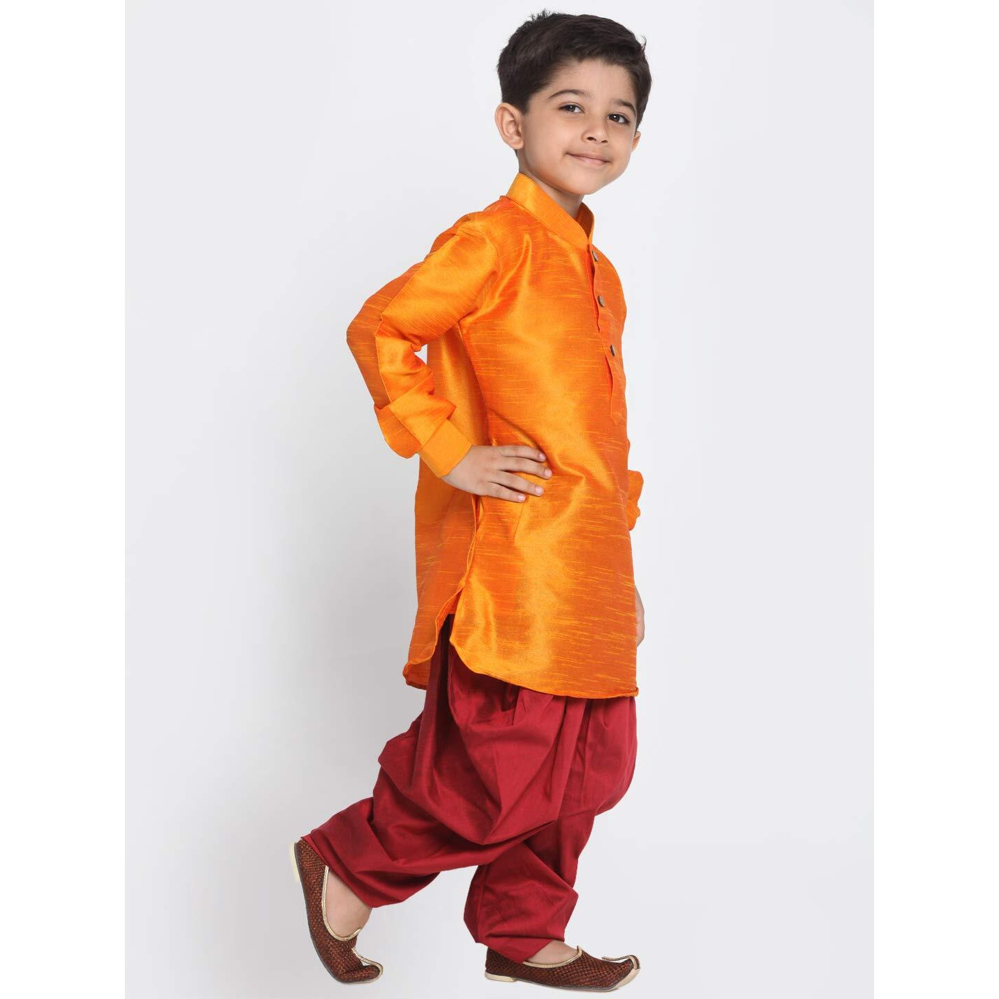 Jbn Creation Vastramay Boy's Cotton Silk Blend Pathani Style Kurta And Patiyala Dhoti Set (Orange, 6-7 Years, Vasnbuk001Orncdma)