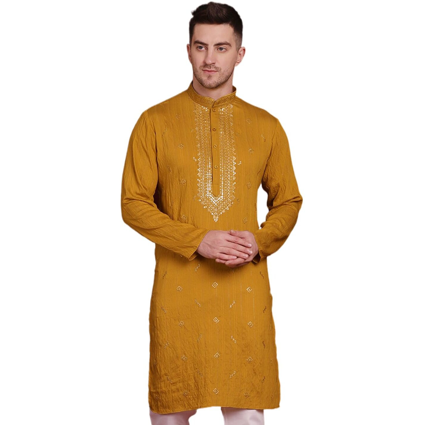 Jompers Sequins Embroidered Kurta Pyjama Set For Men. (Mustard, S)