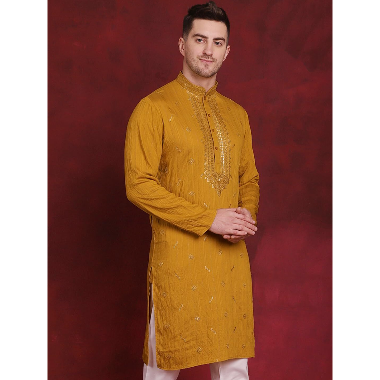 Jompers Sequins Embroidered Kurta Pyjama Set For Men. (Mustard, S)