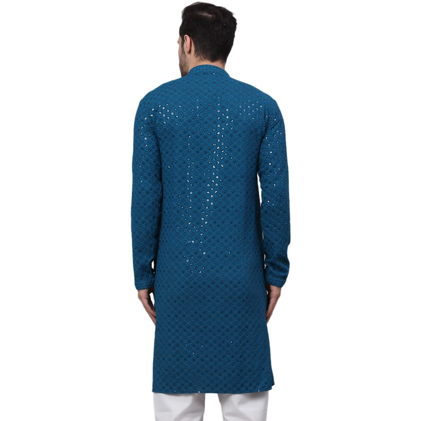 Jompers Men's Blue Chikankari Embroidered And Sequence Kurtas. (Peacock, Xl)