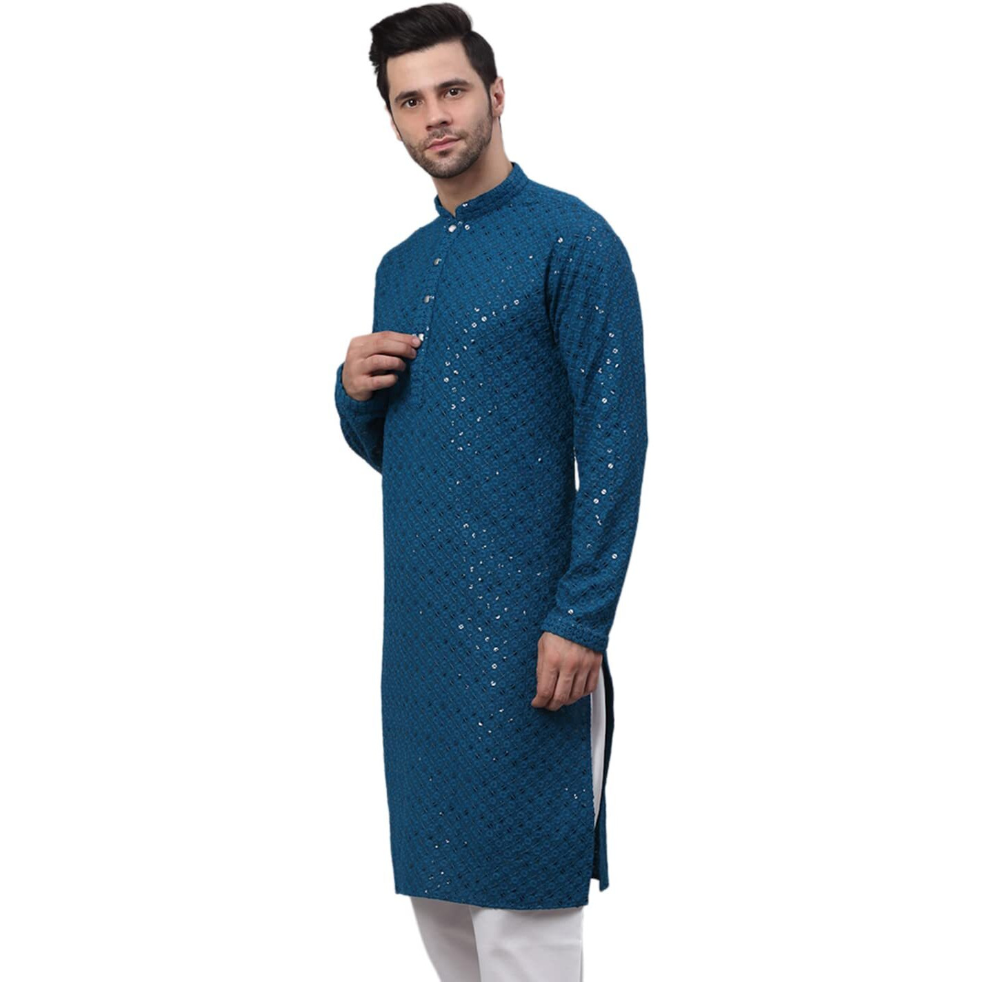 Jompers Men's Blue Chikankari Embroidered And Sequence Kurtas. (Peacock, Xl)
