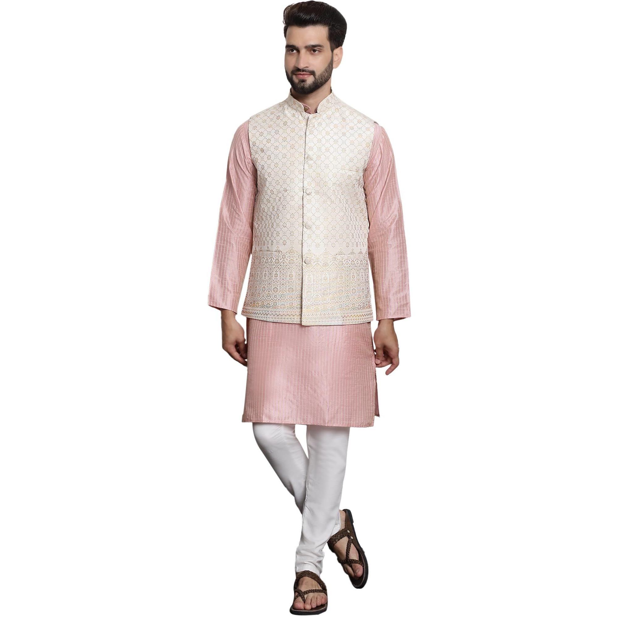 Sojanya (Since 1958 Men's Silk Blend Pink Kurta And Off-White Pyjama With Cream Nehru Jacket