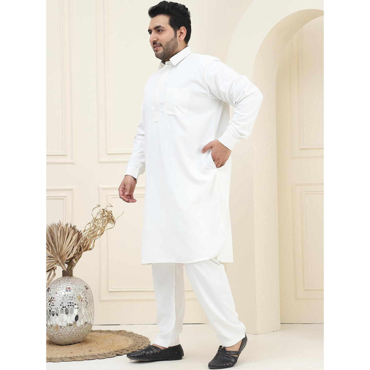 Sojanya Plus (Since 1958), Men's Cotton Cream Pathani Kurta Salwar Set