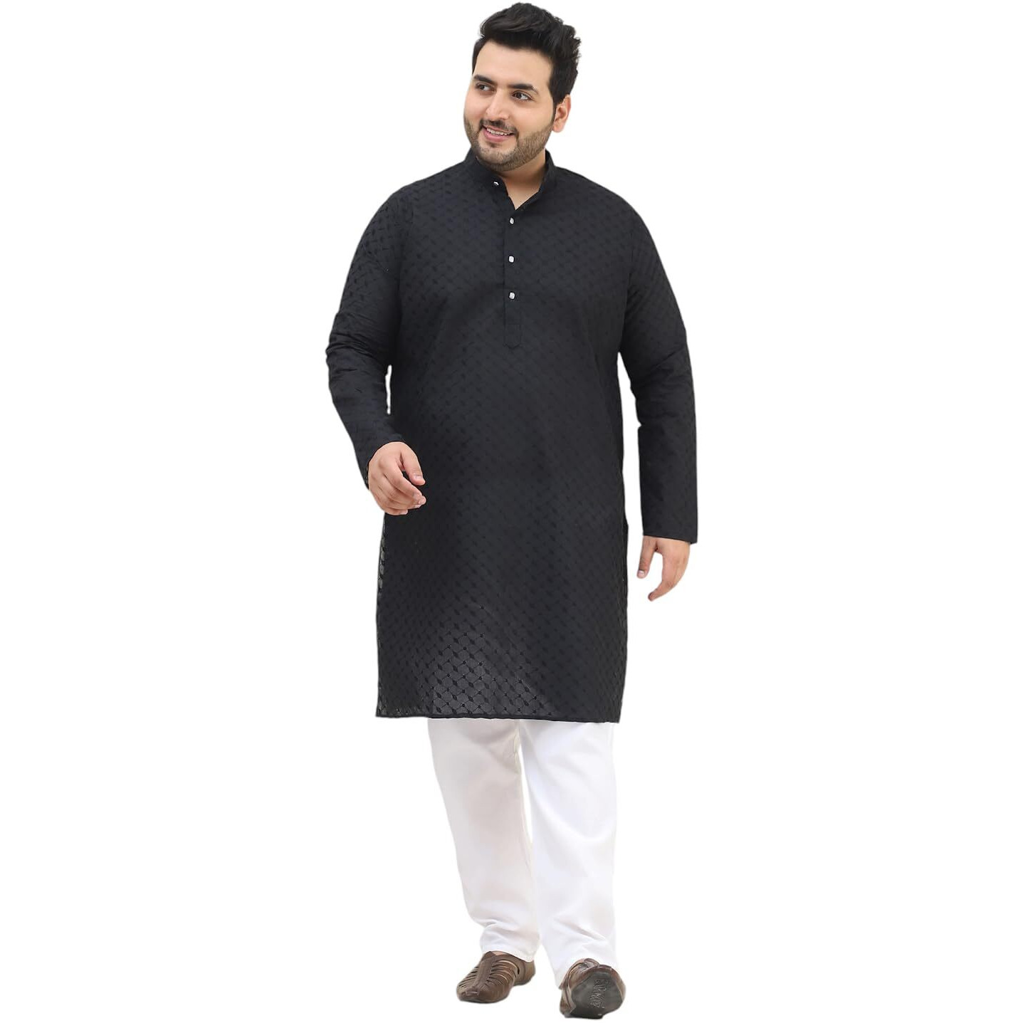 Sojanya Plus (Since 1958) Men's 100% Cotton Black Chikankari Kurta & White Pyjama