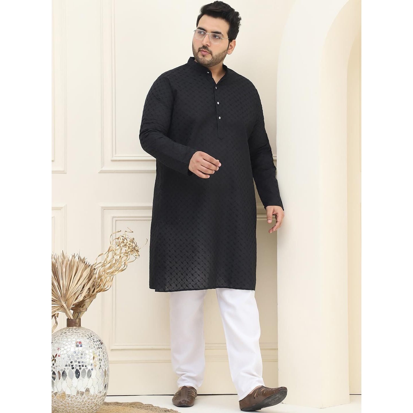 Sojanya Plus (Since 1958) Men's 100% Cotton Black Chikankari Kurta & White Pyjama