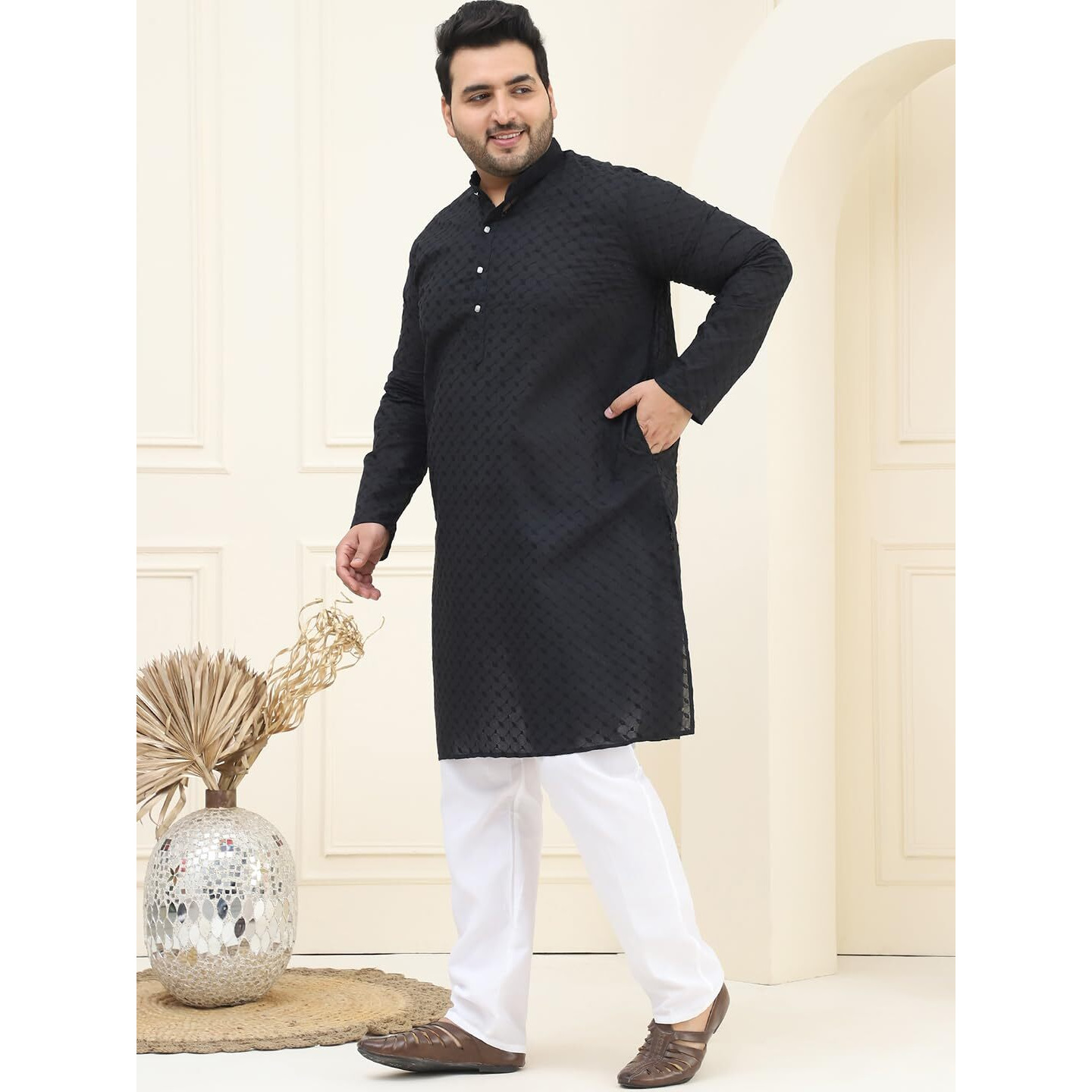 Sojanya Plus (Since 1958) Men's 100% Cotton Black Chikankari Kurta & White Pyjama