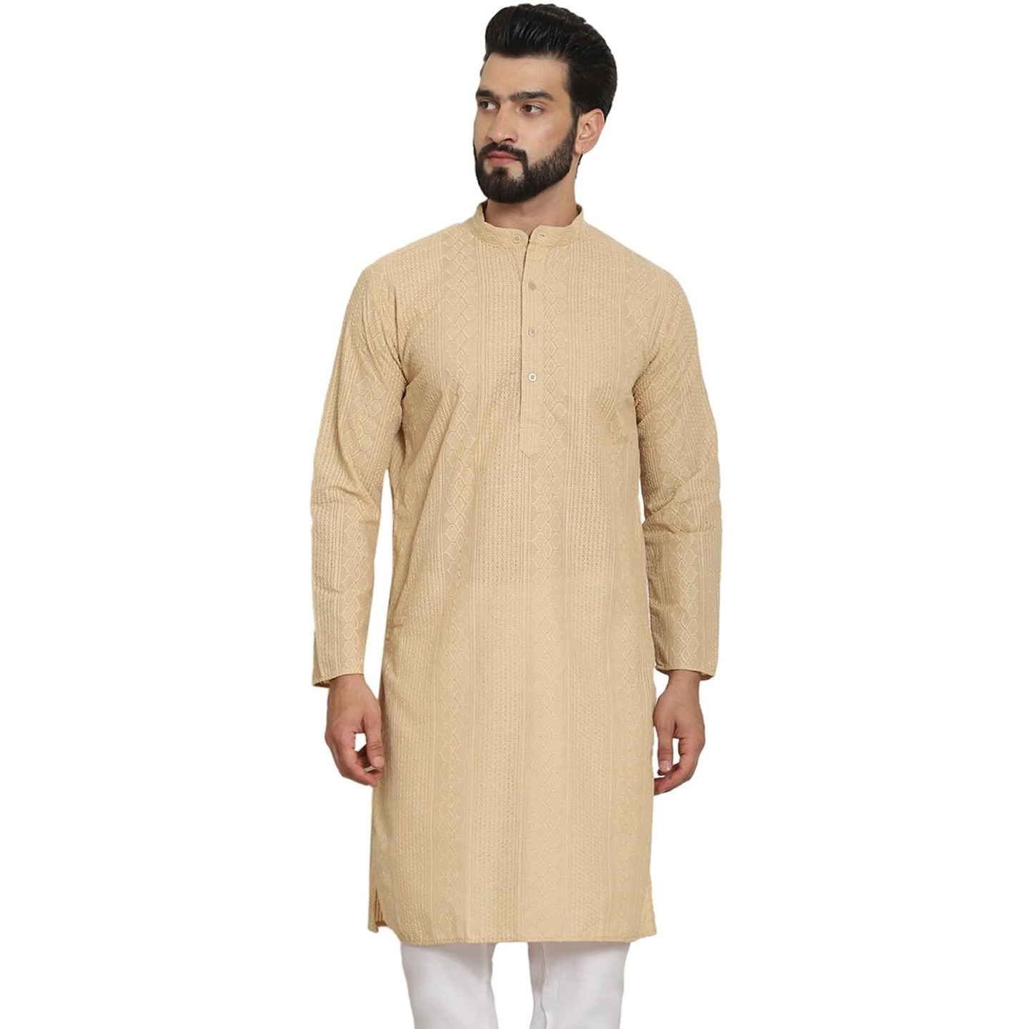 Sojanya (Since 1958 Men's Cotton Thread Embroidered Beige Long Kurta
