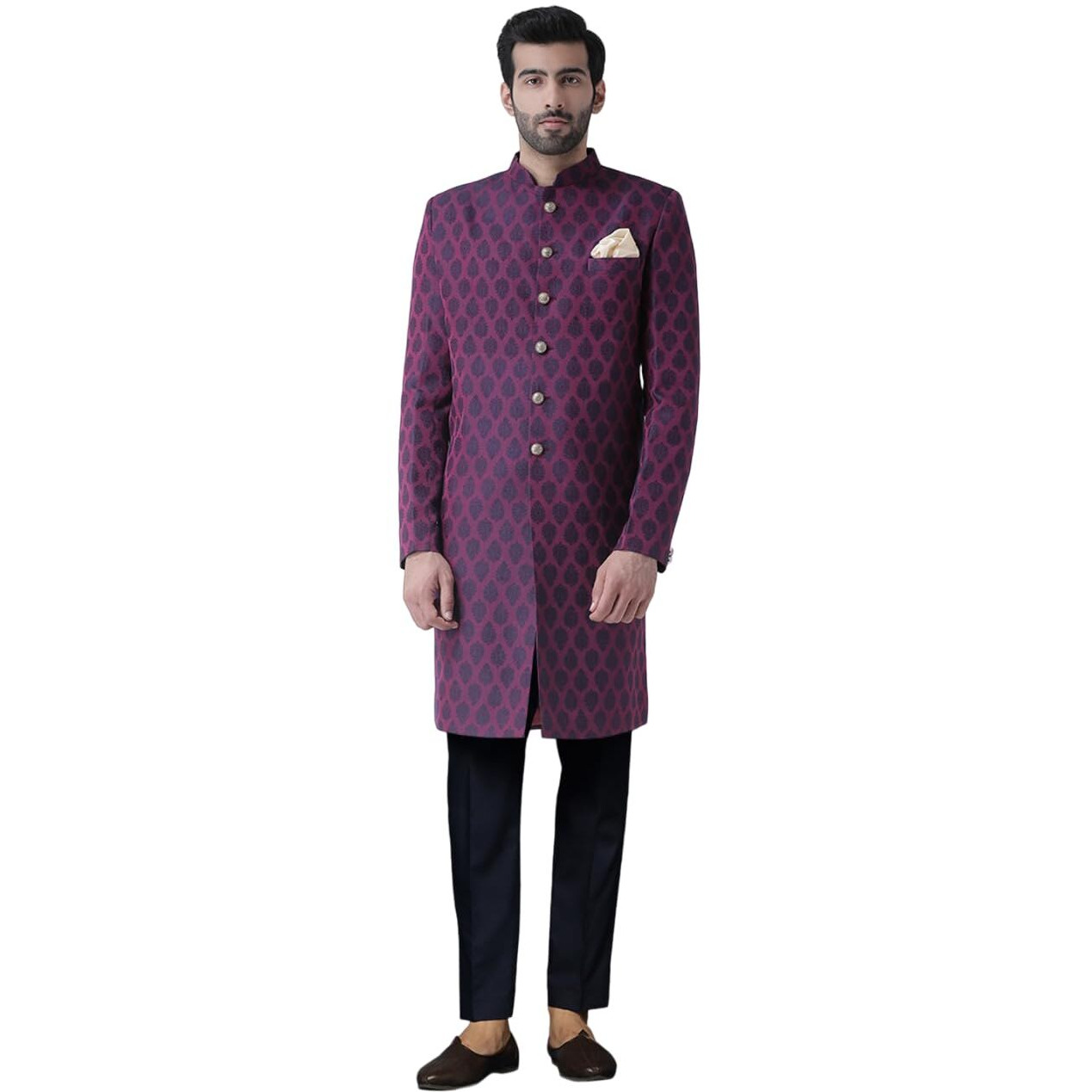 Kisah Men's Cotton Blend Full Sleeves Regular Fit Woven Design Purple Indo Western Sherwani Trouser Set (Xl)