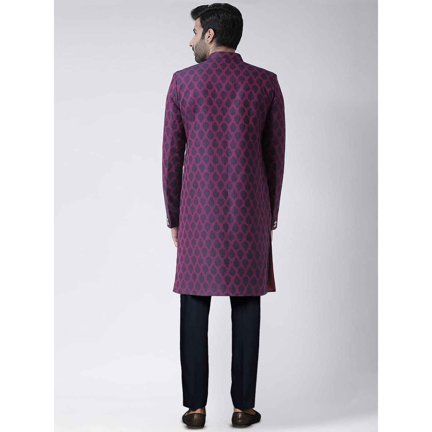 Kisah Men's Cotton Blend Full Sleeves Regular Fit Woven Design Purple Indo Western Sherwani Trouser Set (Xl)
