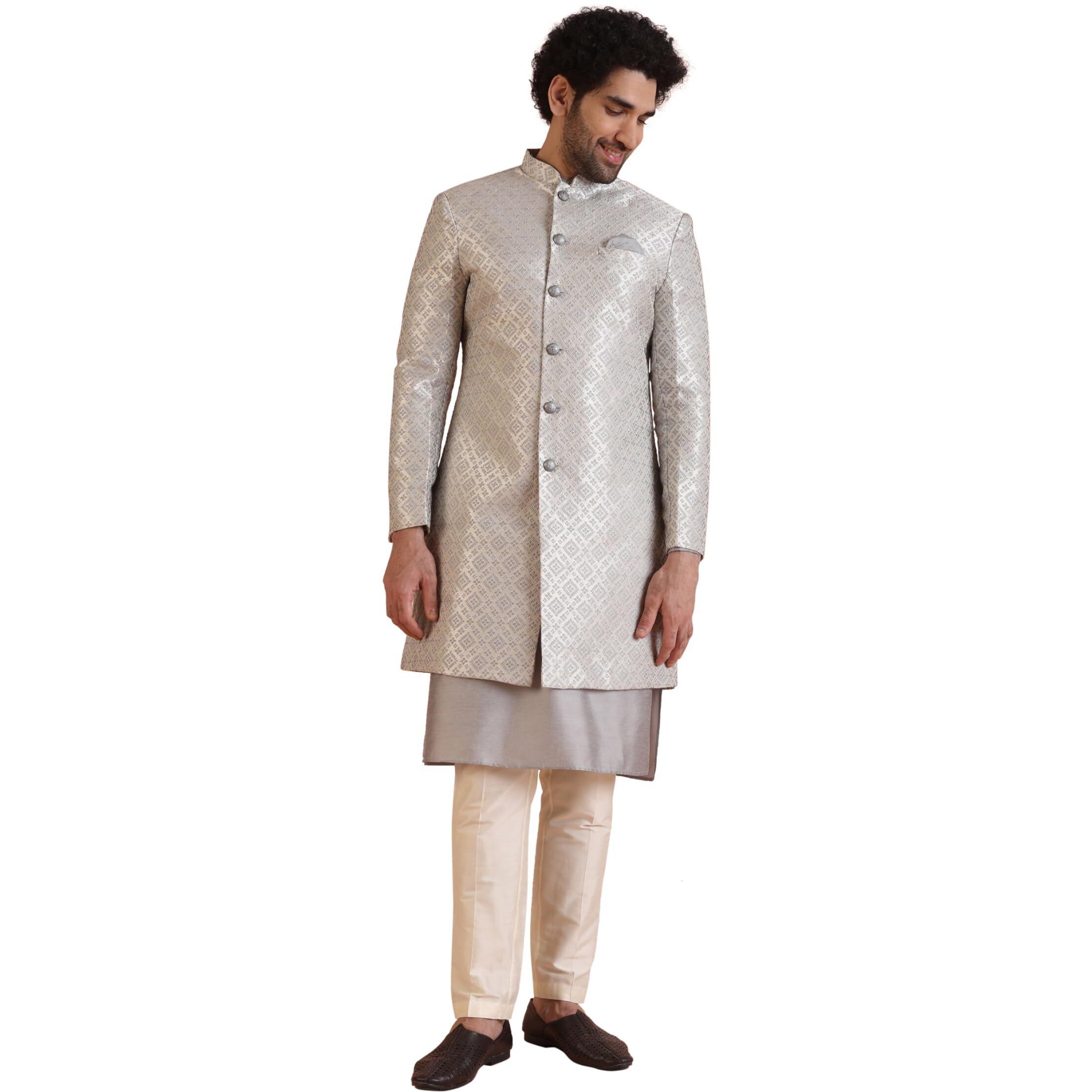 Kisah Men's Kurta Indo-Western Sherwani Trouser Set, Grey Silk Blend, Jacquard Regular Fit Mandarin Collar Long Sleeves (42)