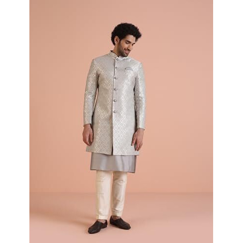 Kisah Men's Kurta Indo-Western Sherwani Trouser Set, Grey Silk Blend, Jacquard Regular Fit Mandarin Collar Long Sleeves (42)