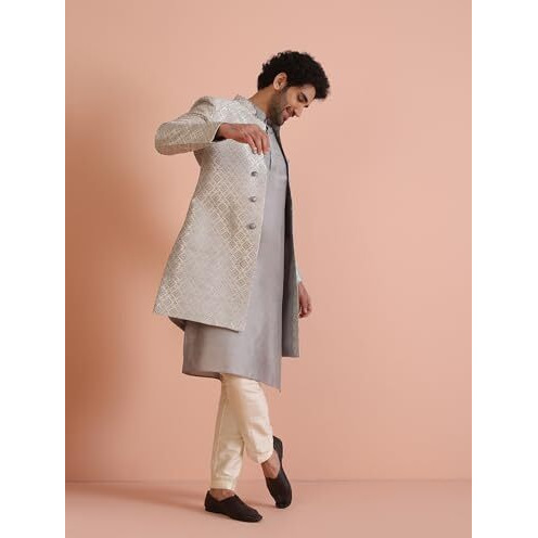Kisah Men's Kurta Indo-Western Sherwani Trouser Set, Grey Silk Blend, Jacquard Regular Fit Mandarin Collar Long Sleeves (42)