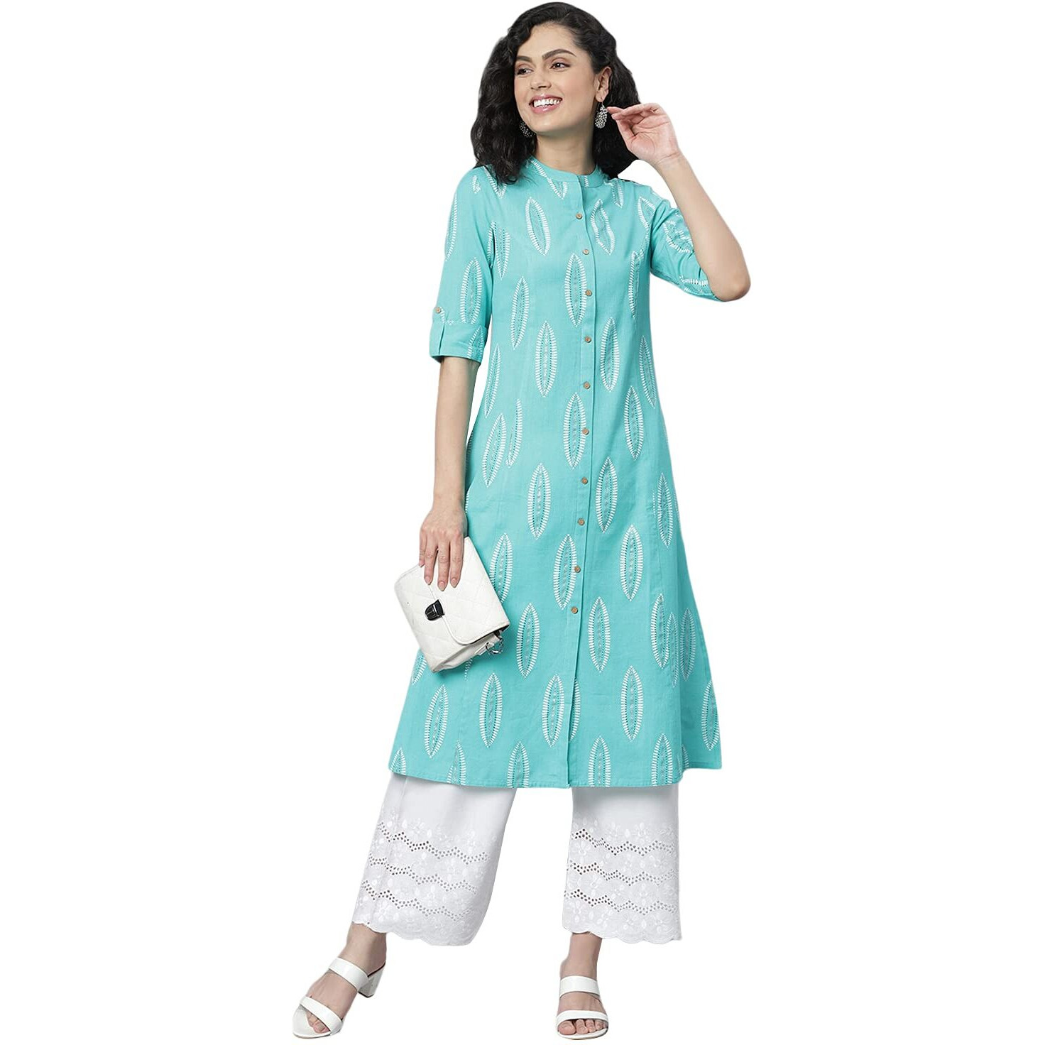 Stylum Women's Block Printed Rayon A-Line Kurta (Nomiturq42_Turquoise, Xl)