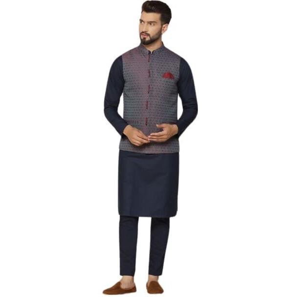 Kisah Men's Kurta Jacket Trouser Set, Blue Cotton Blend, Woven Design Full Sleeves Regular Fit Mandarin Collar (S)