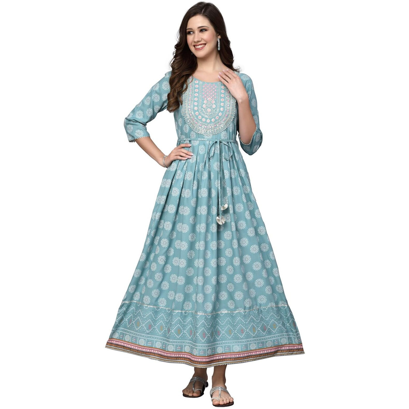 Stylum Women's Printed & Embroidered Rayon Flared Kurta (Aquazubby40_Blue, L)