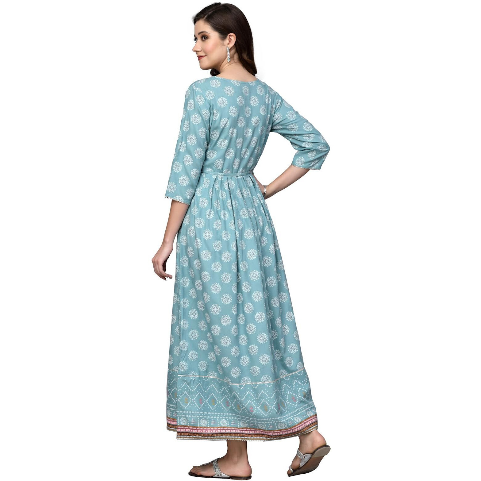 Stylum Women's Printed & Embroidered Rayon Flared Kurta (Aquazubby40_Blue, L)