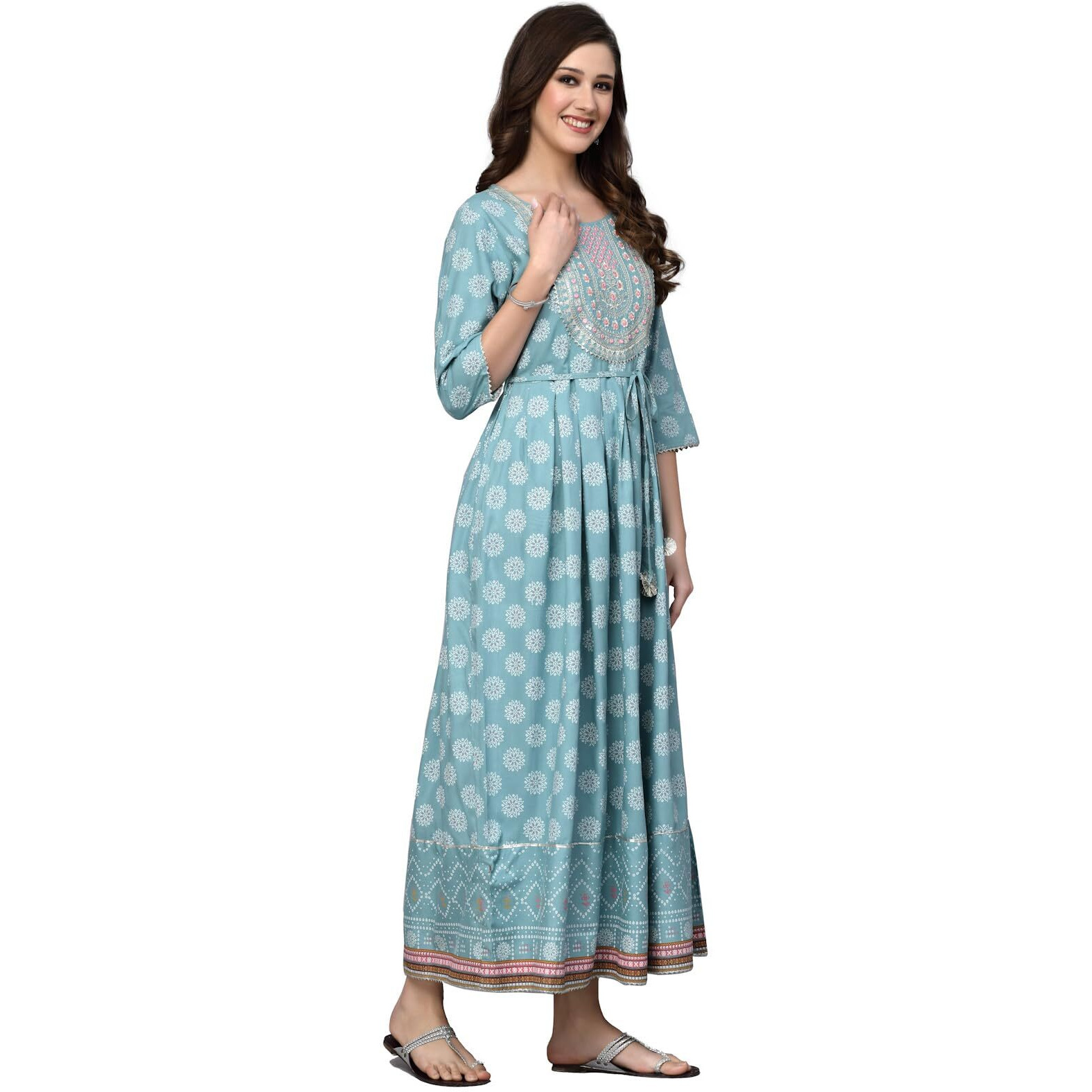 Stylum Women's Printed & Embroidered Rayon Flared Kurta (Aquazubby40_Blue, L)