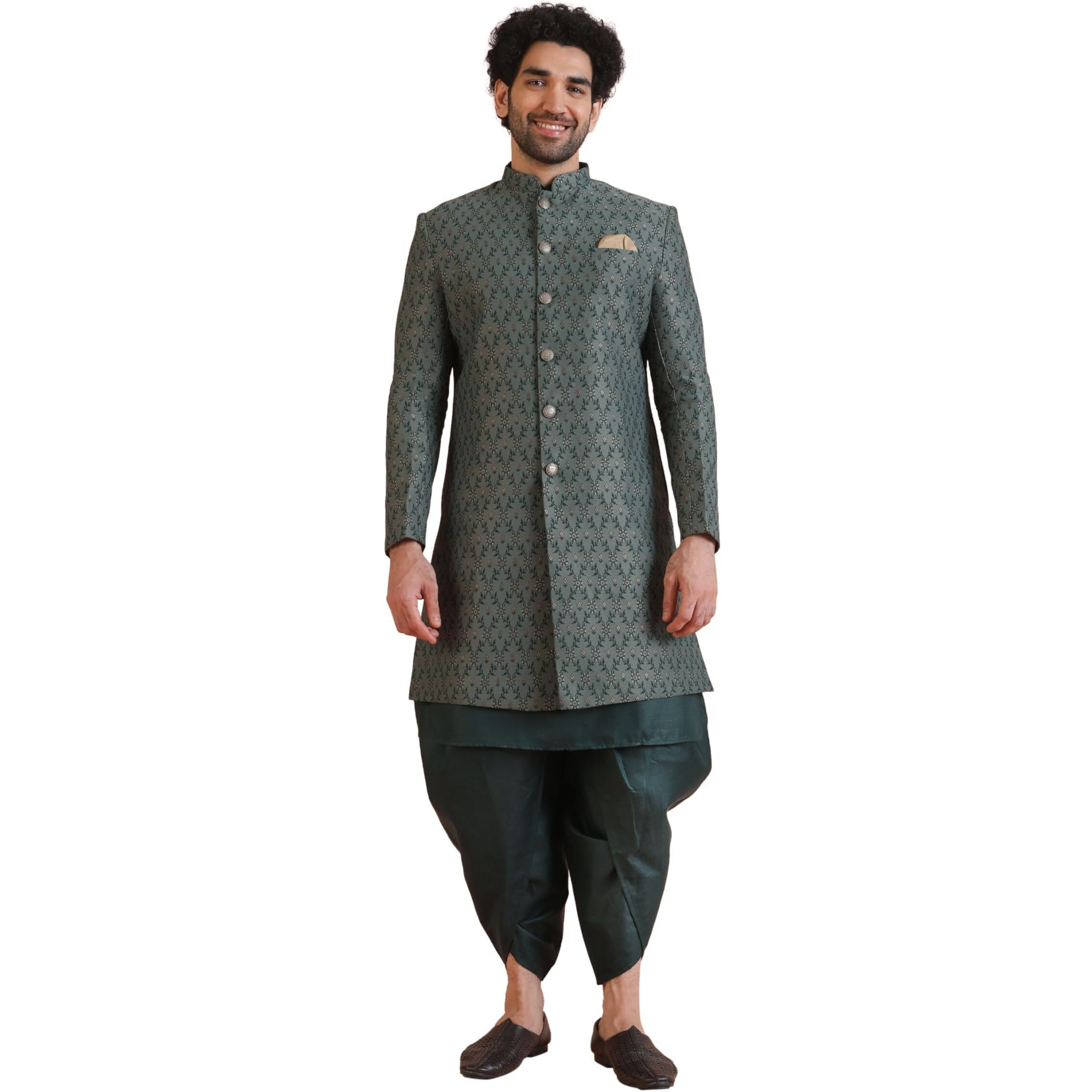 Kisah Men's Ethnic Wear Silk Blend Printed Regular Fit Green Kurta Indo-Western Sherwani Set Indo-Western-44