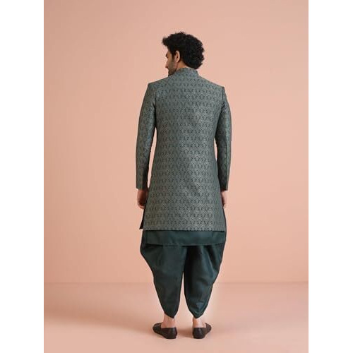 Kisah Men's Ethnic Wear Silk Blend Printed Regular Fit Green Kurta Indo-Western Sherwani Set Indo-Western-44