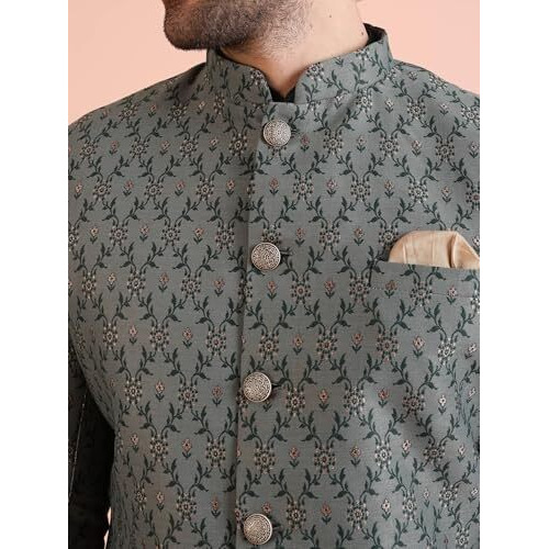 Kisah Men's Ethnic Wear Silk Blend Printed Regular Fit Green Kurta Indo-Western Sherwani Set Indo-Western-44