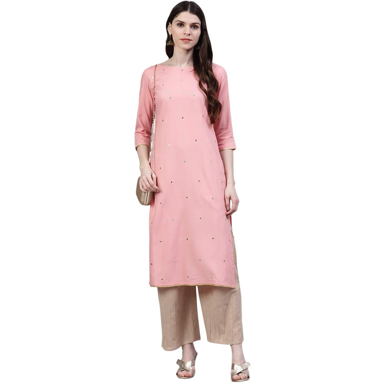 Stylum Women's Mirror Work Rayon Straight Kurta (Solidmirrorpeach44_Peach, Xxl)