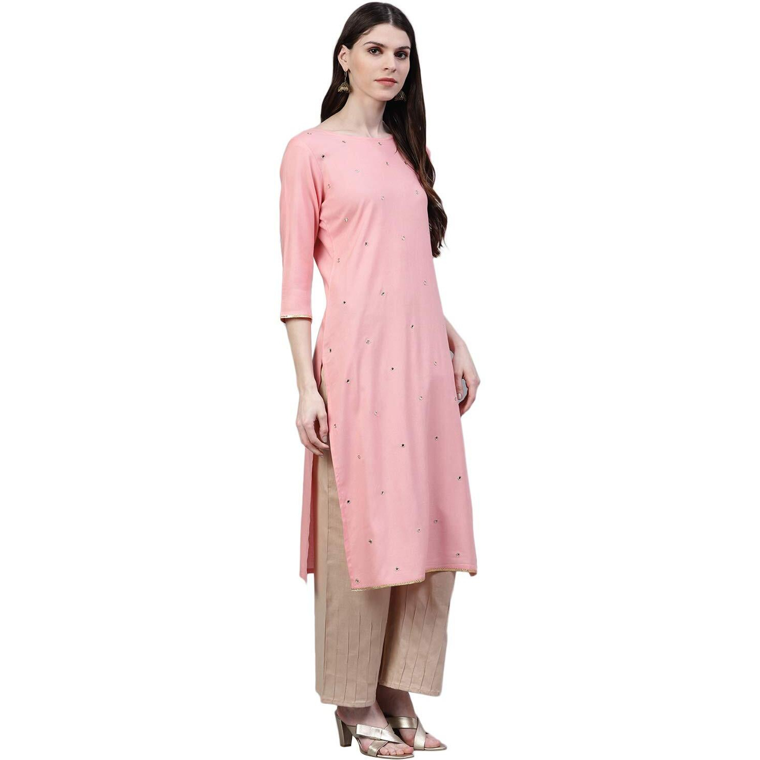 Stylum Women's Mirror Work Rayon Straight Kurta (Solidmirrorpeach44_Peach, Xxl)
