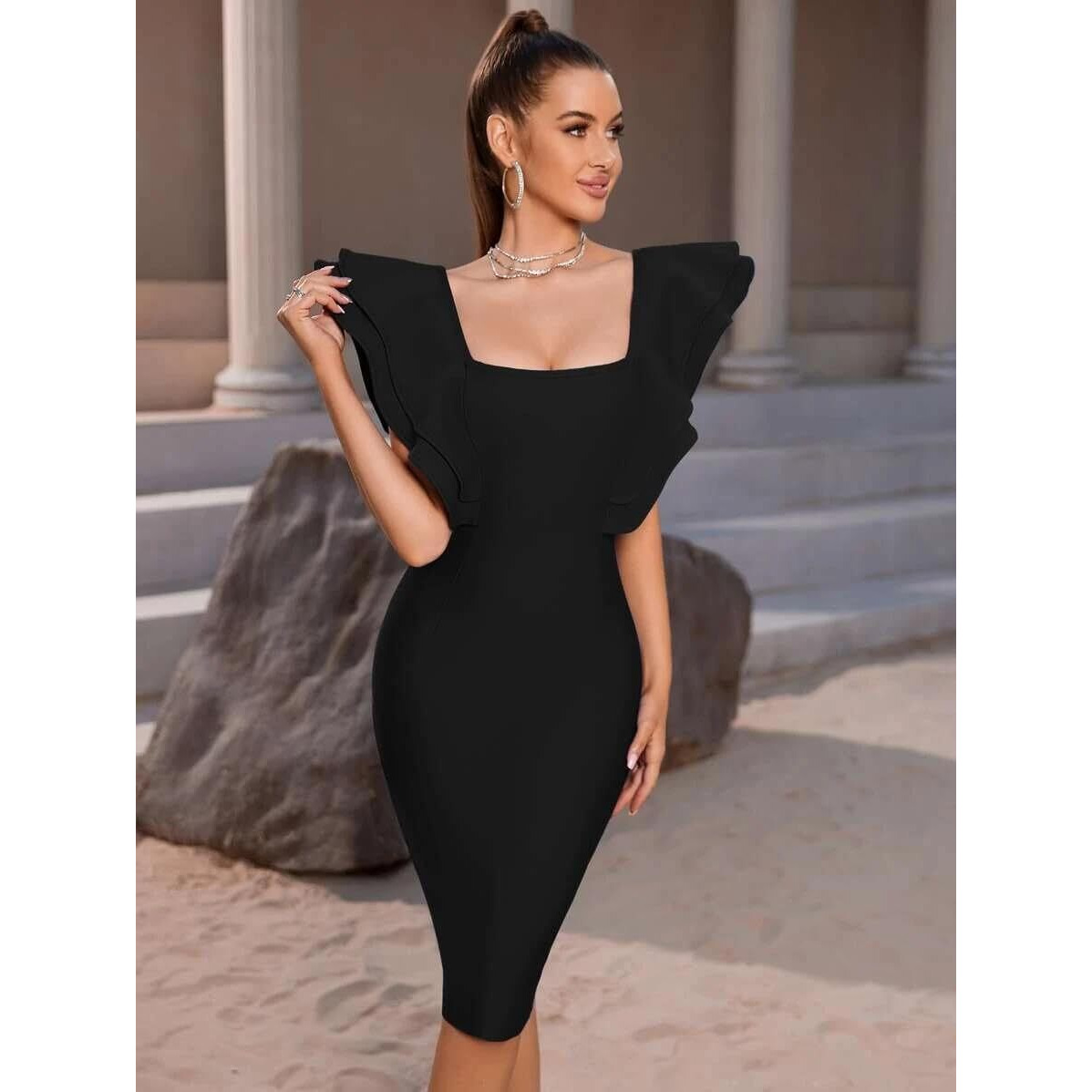 Kotty Women's Bodycon Square Neck Solid Dress Jet Black