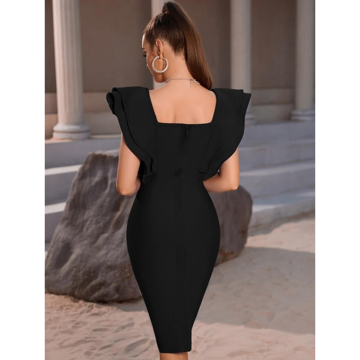 Kotty Women's Bodycon Square Neck Solid Dress Jet Black