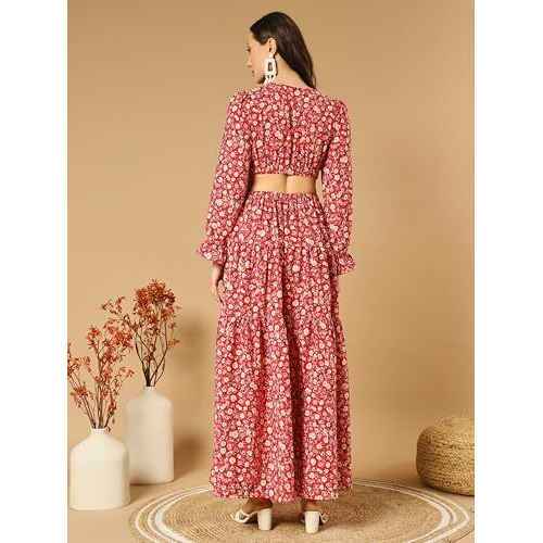 Kzully Women's Crepe A-Line Maxi Casual Dress (Sfs-2001-Red-Rose-Xl-Print_Red-Peach