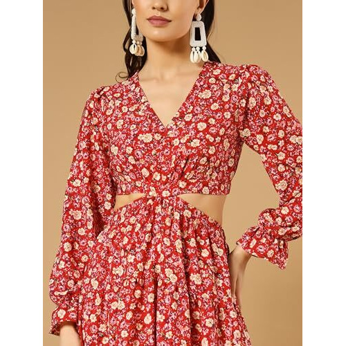 Kzully Women's Crepe A-Line Maxi Casual Dress (Sfs-2001-Red-Rose-Xl-Print_Red-Peach