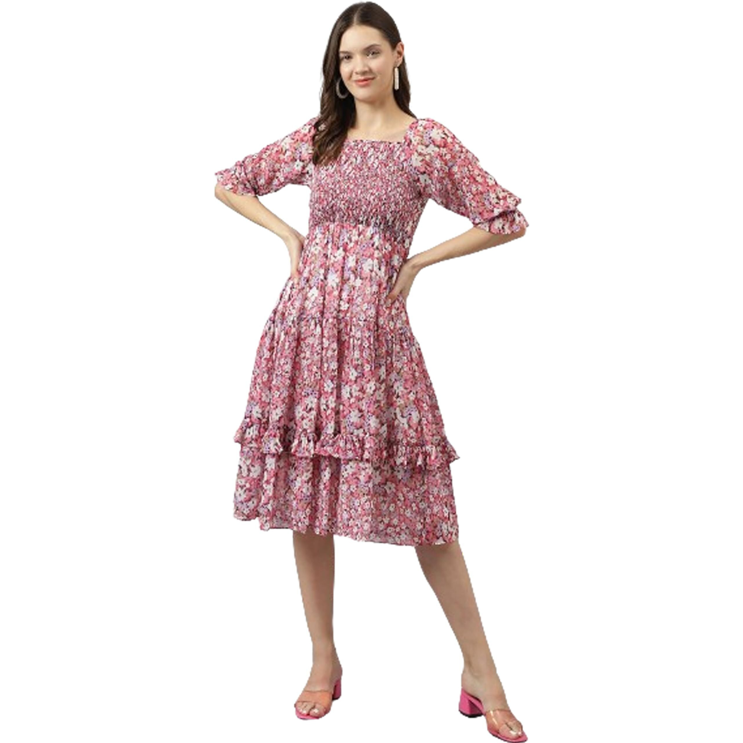 Toochki Women's Pink Georgette Floral Tiered Western Knee Length Dress A Line Suitable In Summer Wear Latest Trendy Midi Dress