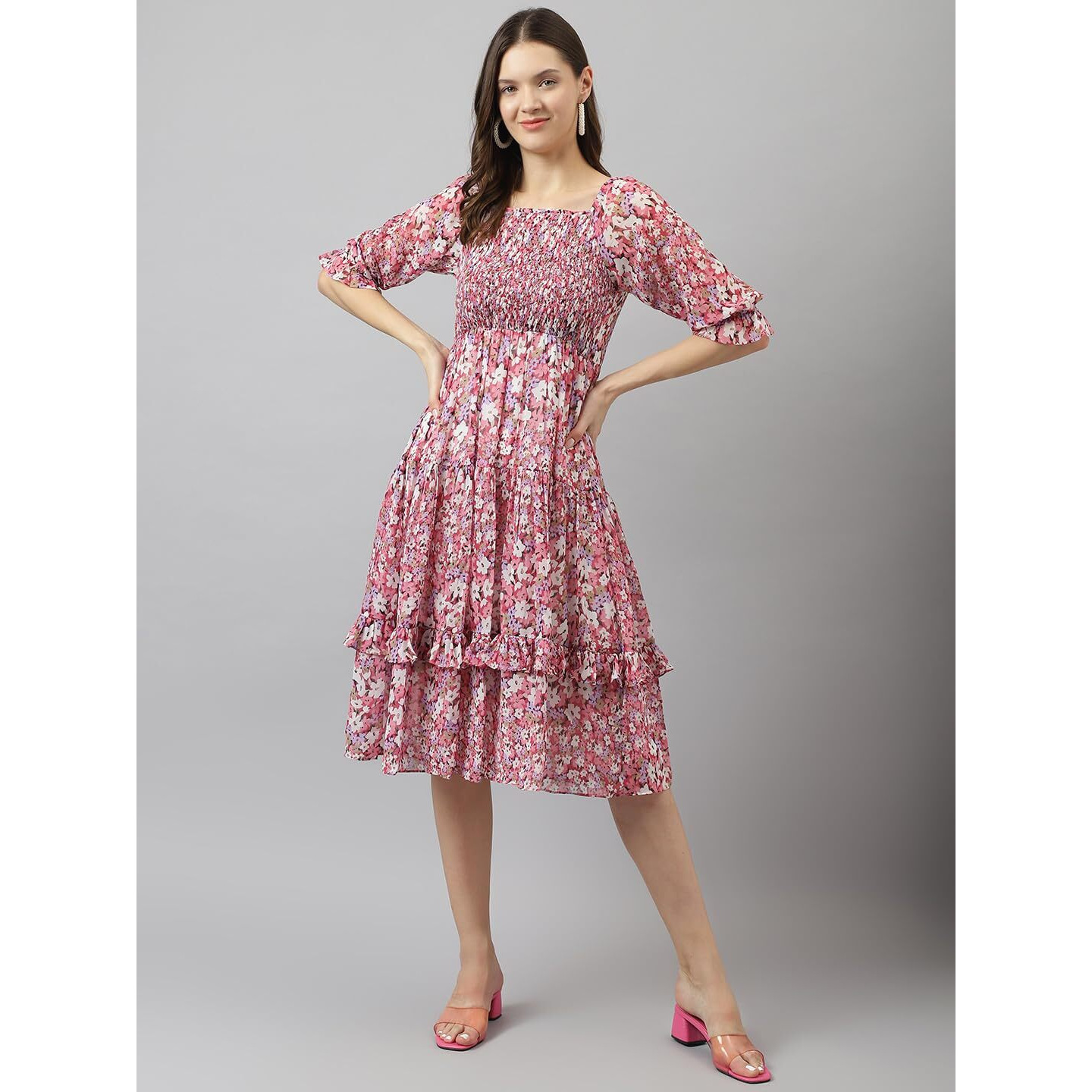Toochki Women's Pink Georgette Floral Tiered Western Knee Length Dress A Line Suitable In Summer Wear Latest Trendy Midi Dress