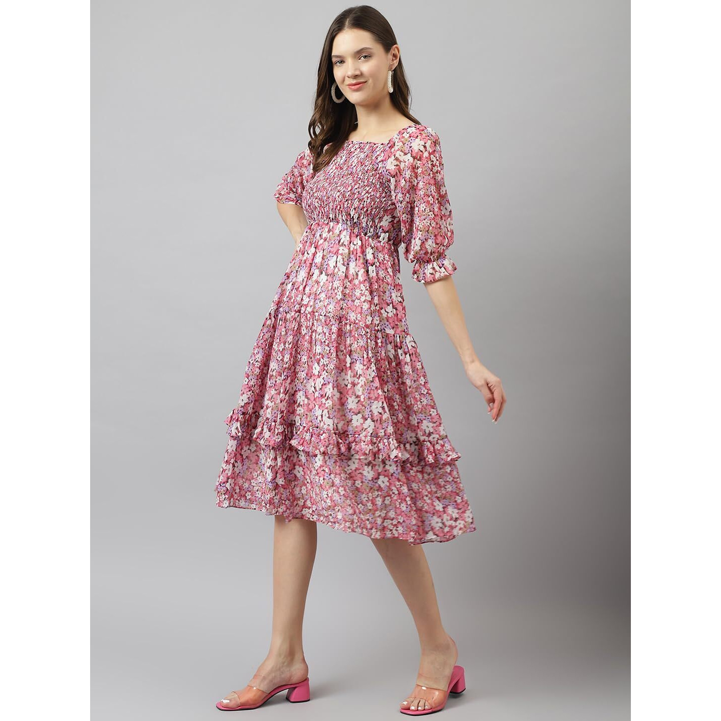 Toochki Women's Pink Georgette Floral Tiered Western Knee Length Dress A Line Suitable In Summer Wear Latest Trendy Midi Dress