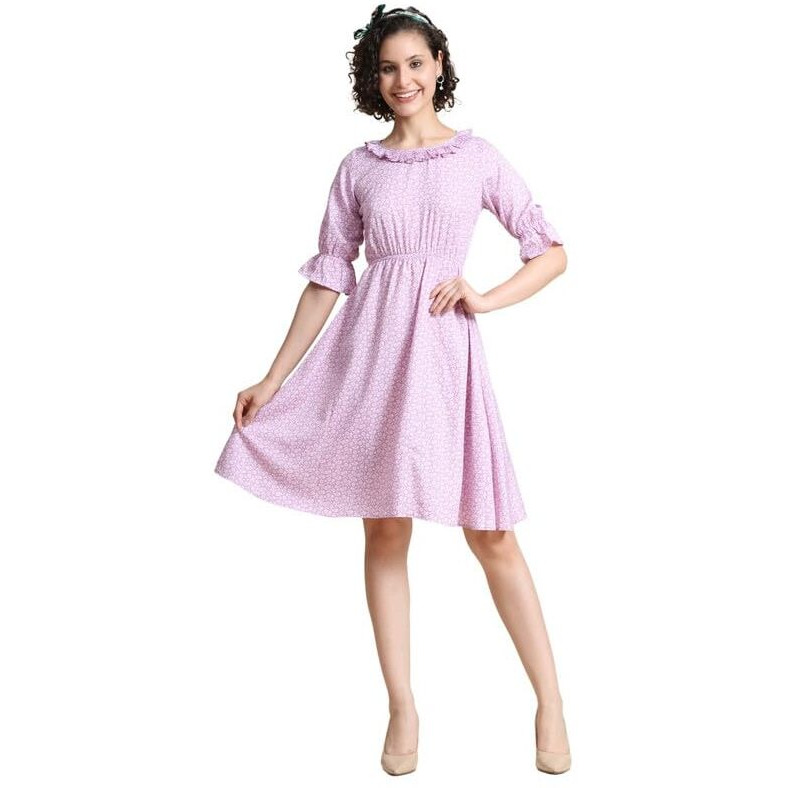 Toochki Women's Light Pink Muslin Floral Fit & Flared Western Dress | Dress For Women | A Line Dress | Winter Dress | Western Dress | Latest Women Dress | Trendy Dress | Midi Dress