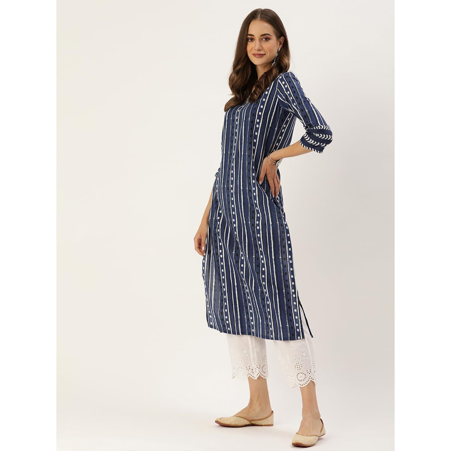 Varanga Women Olive Bhandhani Print Gota Yoke Embroidered Kurta With Round Neck, Tassel Detailing, Three-Quarter Sleeves, Straight Kurta With Side Slits (Small)