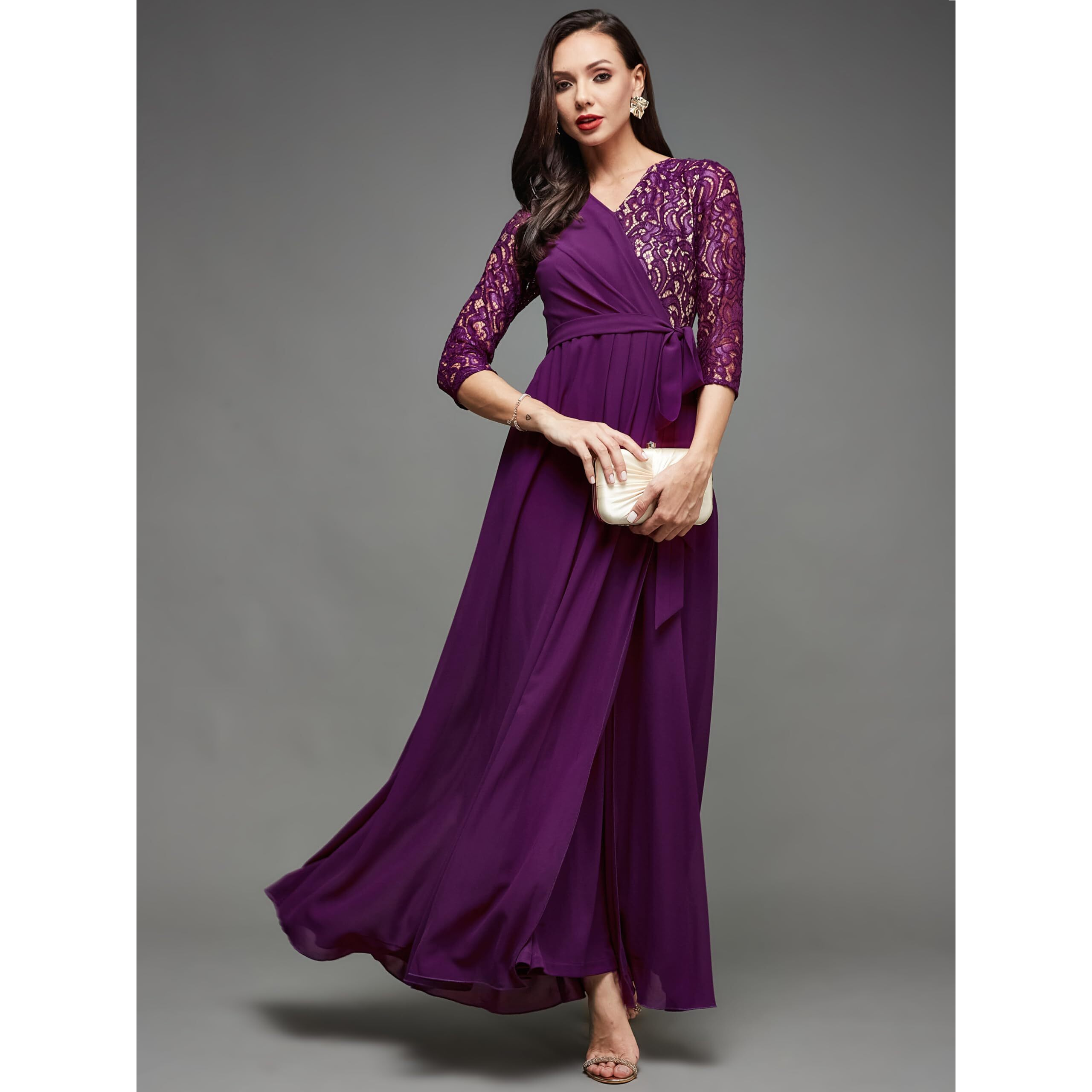 Miss Chase Women's V-Neck Three-Quarter Sleeve Self-Designed Wrap Maxi Georgette Dress (Mcss23D98-60-289-03, Dark Purple, S)