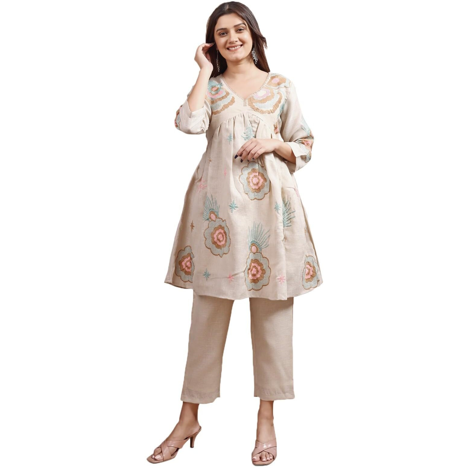 Womanista Women's Beige Colour Linen Multi Thread Embroidery Flared Tunic With Trouser Coord Set(Co-Ords_9102_M)