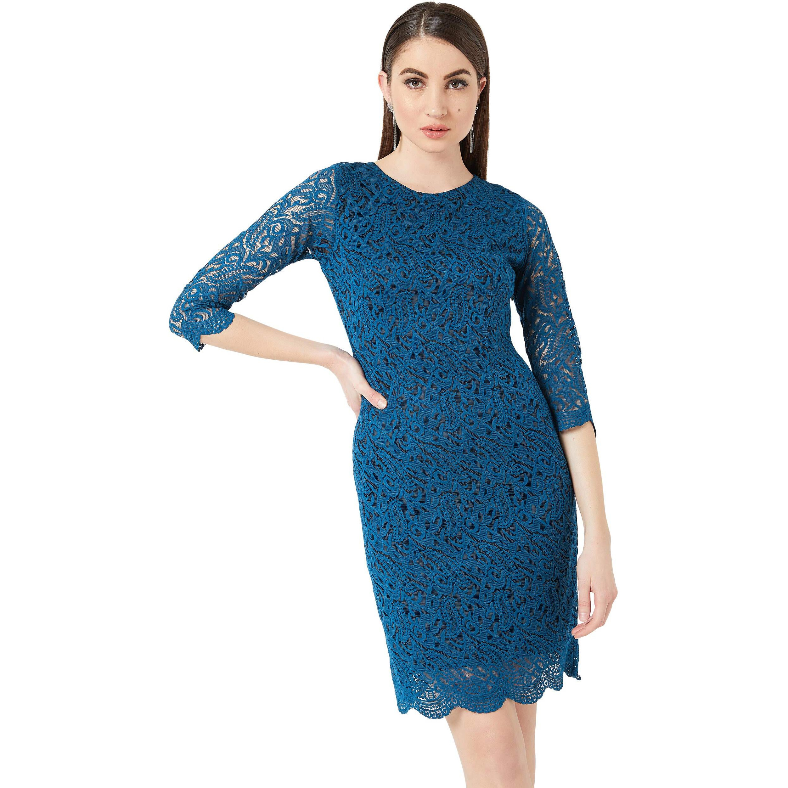 Miss Chase Women's Teal Round Neck 3/4 Sleeves Floral Lace Overlaid Knee-Long Bodycon Dress With Zip Closure(Mcaw19D14-32-83-04, Teal, Medium)
