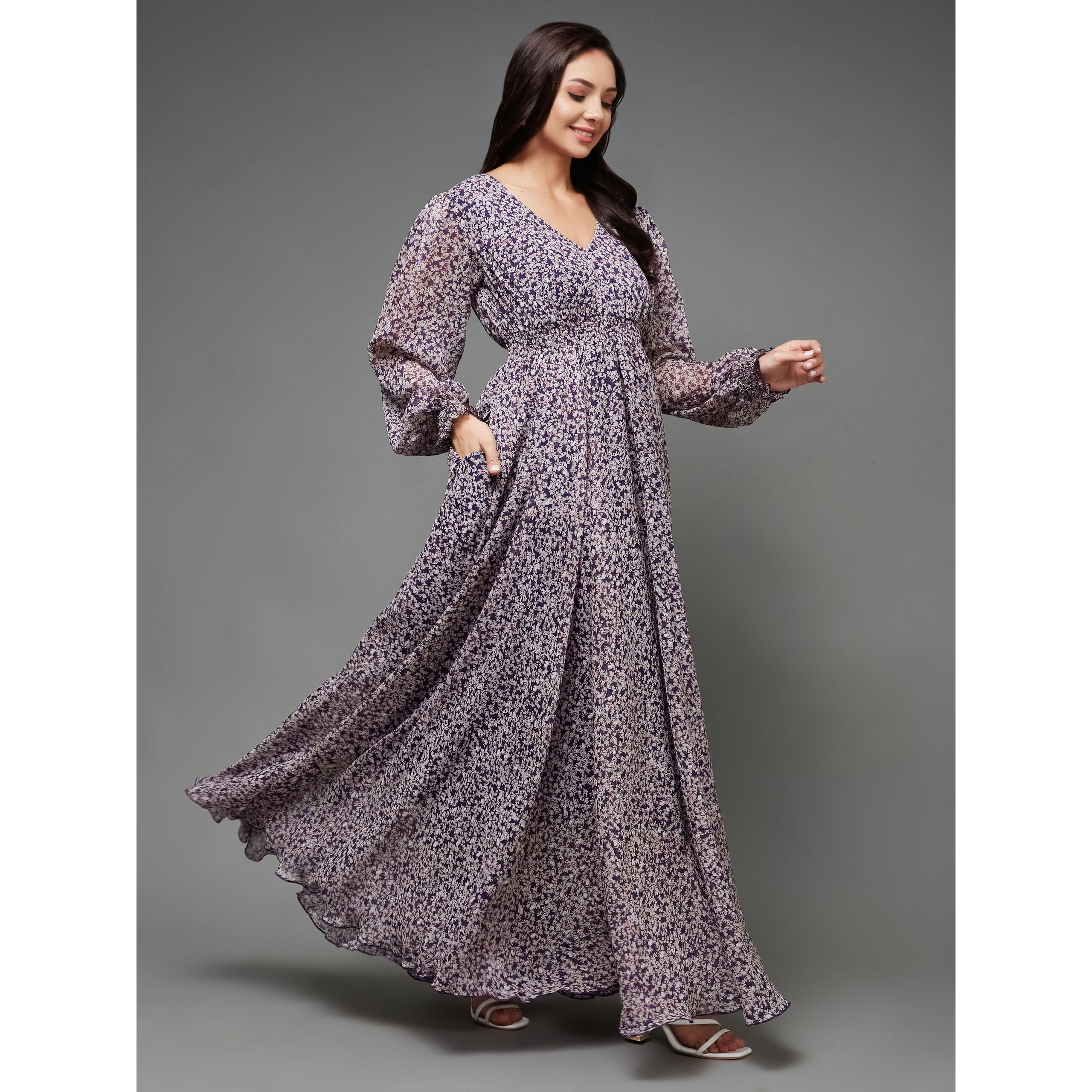 Miss Chase Women's V-Neck Bishop Sleeve Floral Gathered Chiffon Maxi Dress (Mcss23D06-65-190-04, Multicolored-Base-Purple, M)