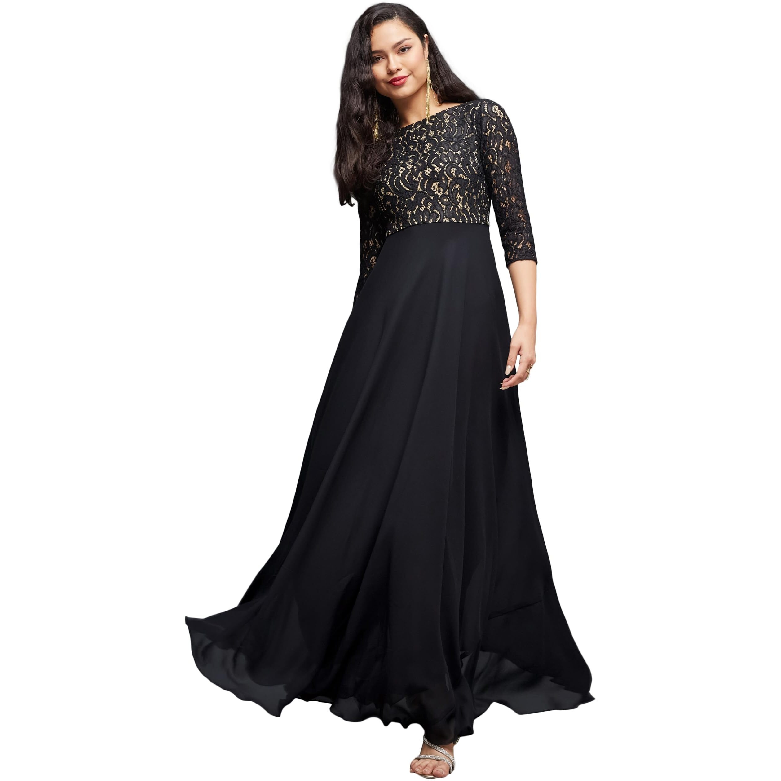 Miss Chase Women's Self Design Boat Neck 3/4 Sleeves Side Pocketed Georgette Fit And Flare Maxi Length Dress (Mcss23D16-39-62-02, Black, Xs)