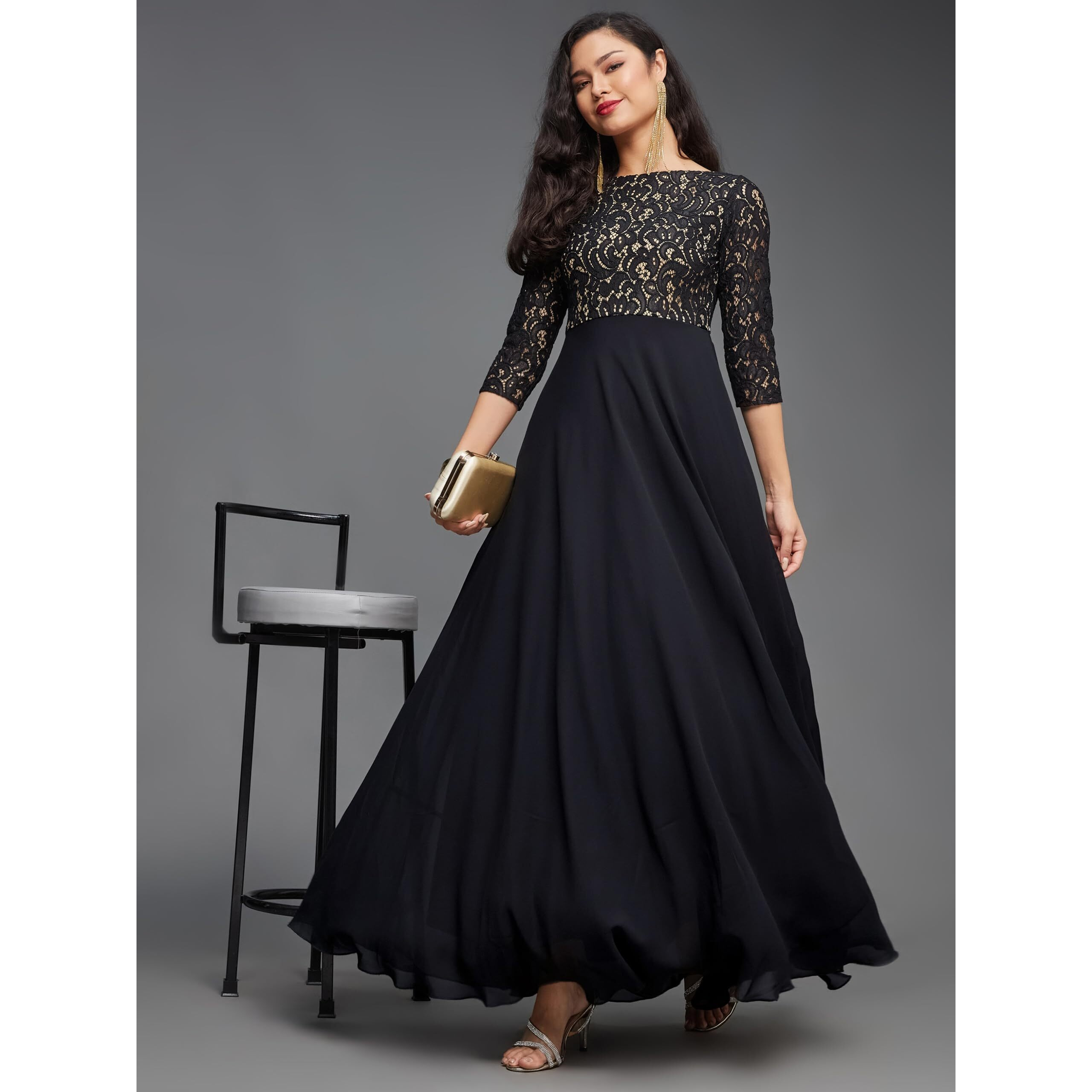 Miss Chase Women's Self Design Boat Neck 3/4 Sleeves Side Pocketed Georgette Fit And Flare Maxi Length Dress (Mcss23D16-39-62-02, Black, Xs)