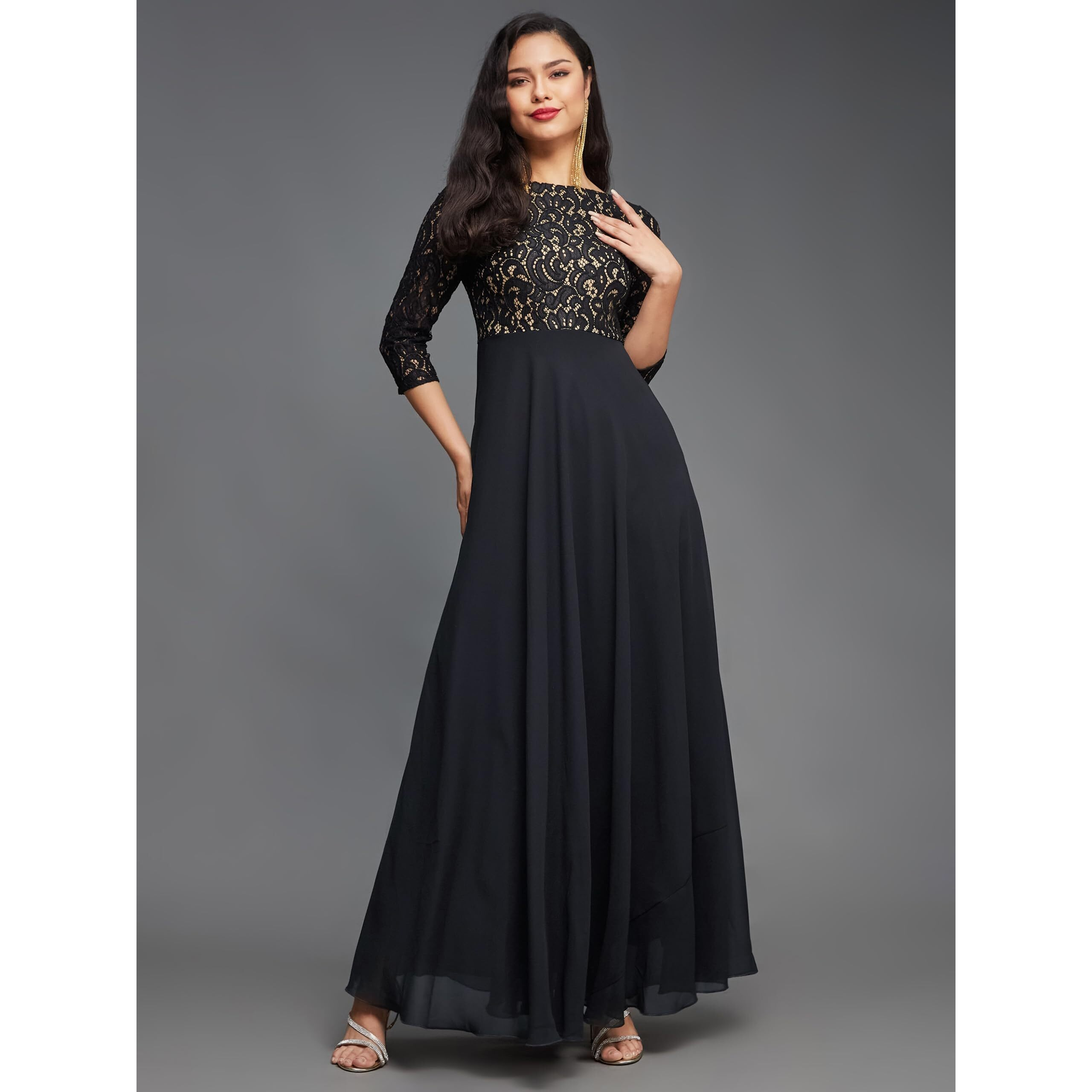 Miss Chase Women's Self Design Boat Neck 3/4 Sleeves Side Pocketed Georgette Fit And Flare Maxi Length Dress (Mcss23D16-39-62-02, Black, Xs)