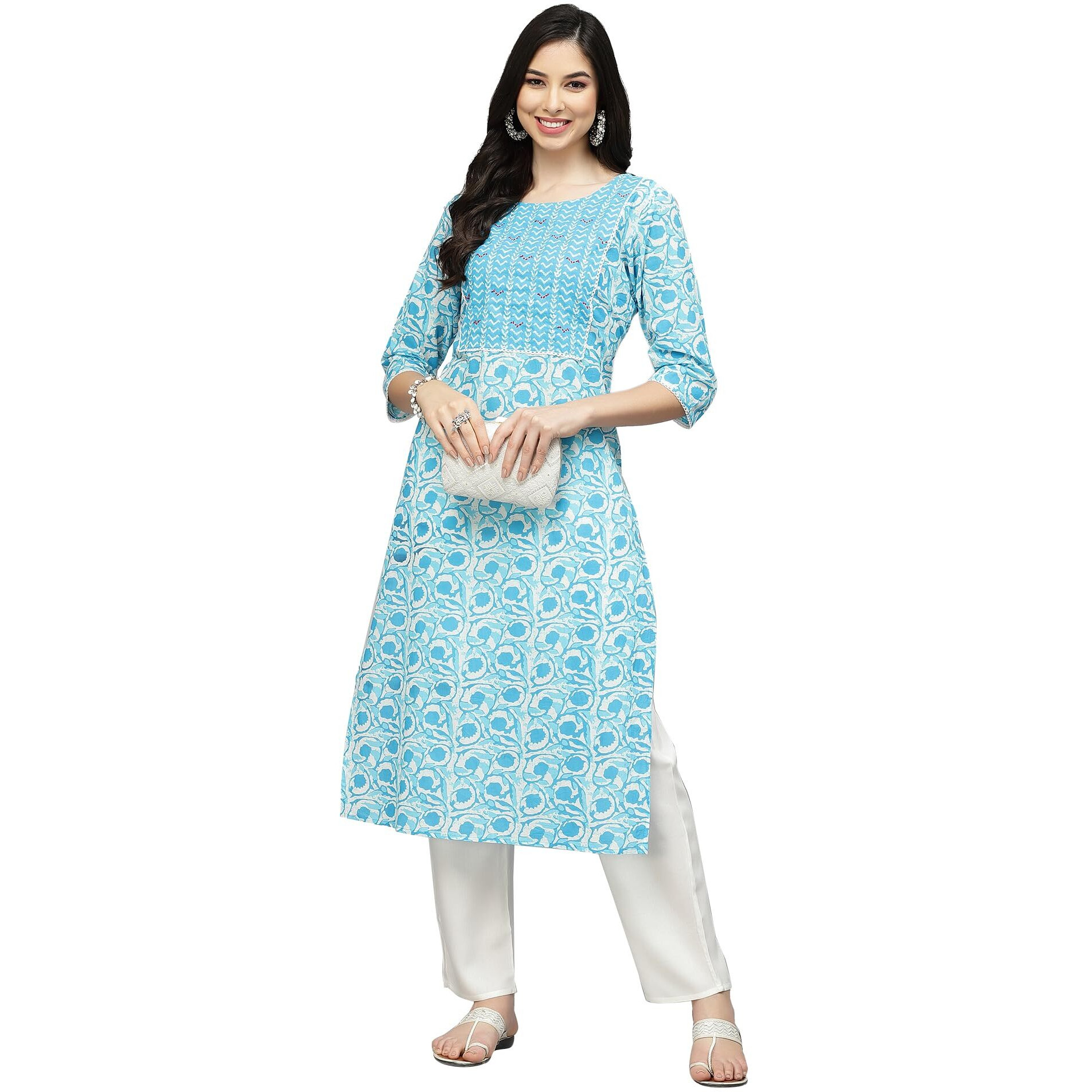 Stylum Women's Indigo Printed Cotton Slub Straight Kurta (Skybird48_Light Blue, 4Xl)