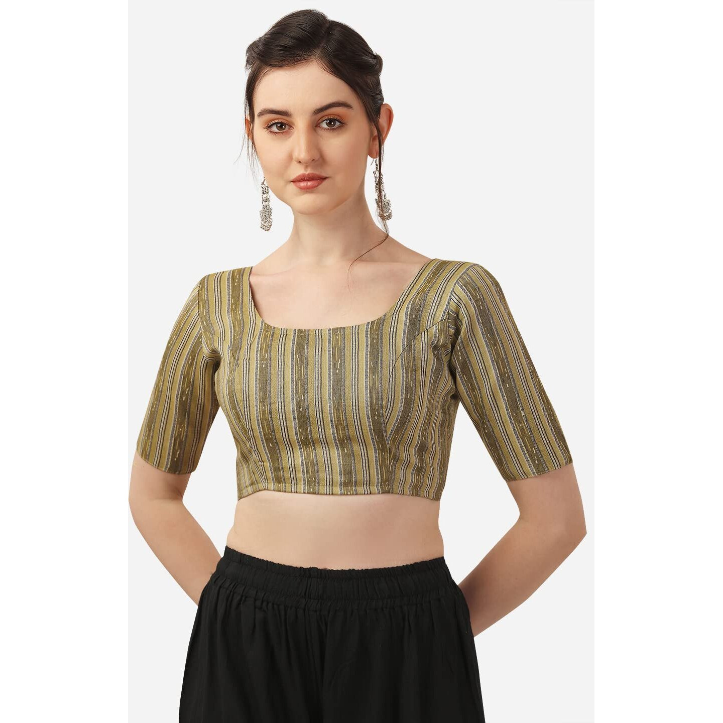 Oomph Women's Indian Ethnic Wear Designer Strip Pattern Boat Neck Half Sleeve Cotton Blouse For Saree Or Lehnga And Blousepalazzos Or Skirts For A Fusion Twist.