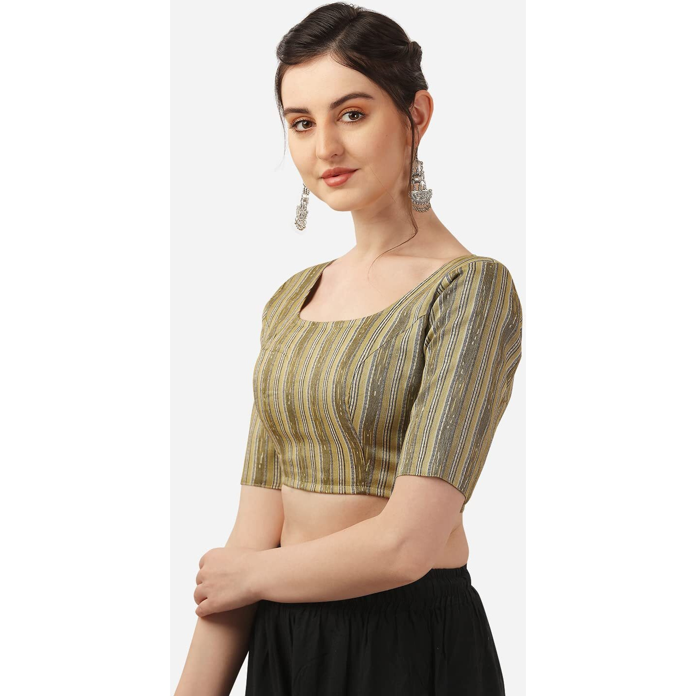 Oomph Women's Indian Ethnic Wear Designer Strip Pattern Boat Neck Half Sleeve Cotton Blouse For Saree Or Lehnga And Blousepalazzos Or Skirts For A Fusion Twist.