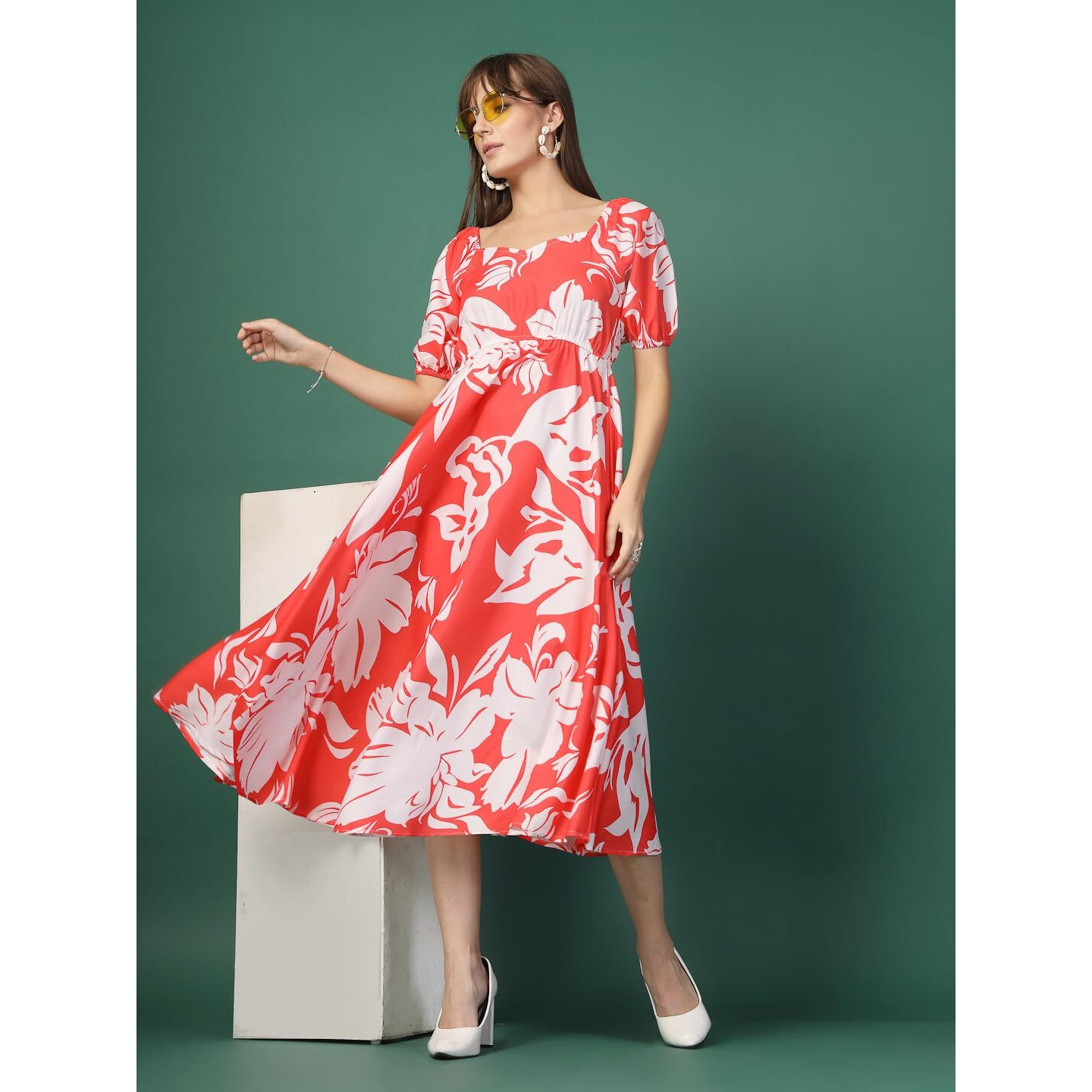 Oomph Flared Dress For Women Stylish | Long One Piece For Women | Puff Sleeve Long Dress | Floral Print Maxi One Piece | Western & Fusion Wear